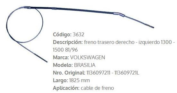 CABLE DE FRENO VW FUSCA 1970/BRASILIA 1981 1825MM