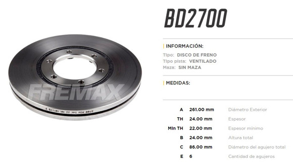 DISCO DE FRENO KIA BONGO K2500 2007-/K2700 4X2 1999-