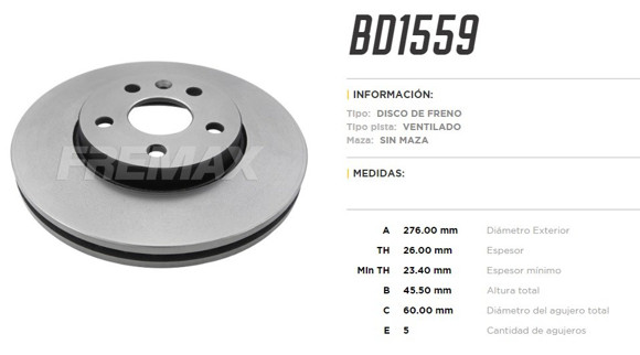 DISCO DE FRENO CHEVROLET CRUZE 1.8 2011 276MM