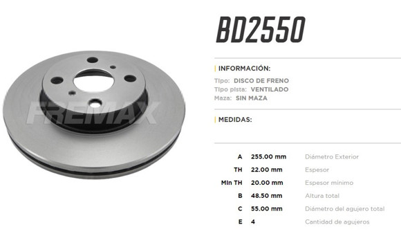 DISCO DE FRENO TOYOTA COROLLA 1993/2002 255MM (VENTILADO)