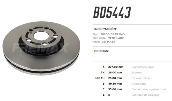 DISCO DE FRENO VENTILADO TOYOTA COROLLA 1.8/2.0 16V 2014-