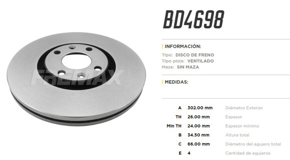 DISCO DE FRENO CITROEN C4 PICASSO 2.0 16V 2007- PG 307/3008