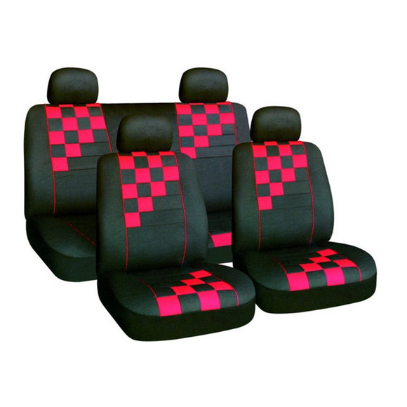 JUEGO DE FUNDAS CUBRE ASIENTO NEGRA CON CUADRICULADO ROJO