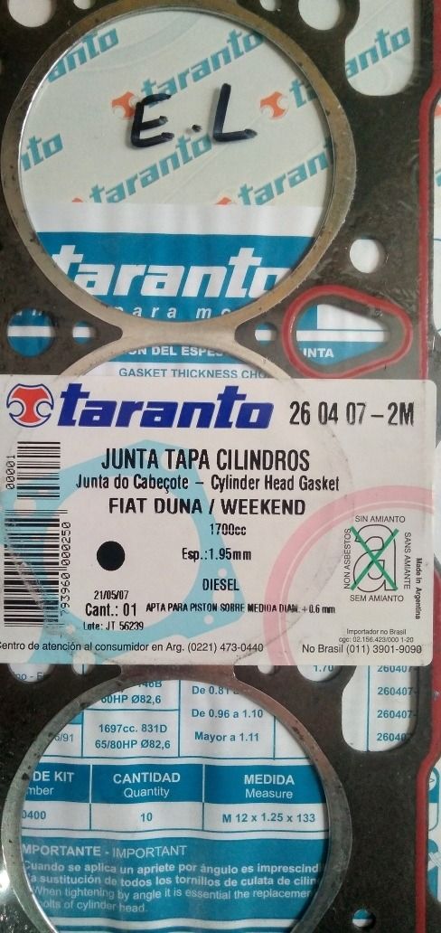 Junta Tapa Cilindros Fiat Duna Weekend Diésel 1700cc 2m