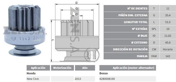 BENDIX DE ARRANQUE HONDA CIVIC 2012 EN ADELANTE (ZEN)