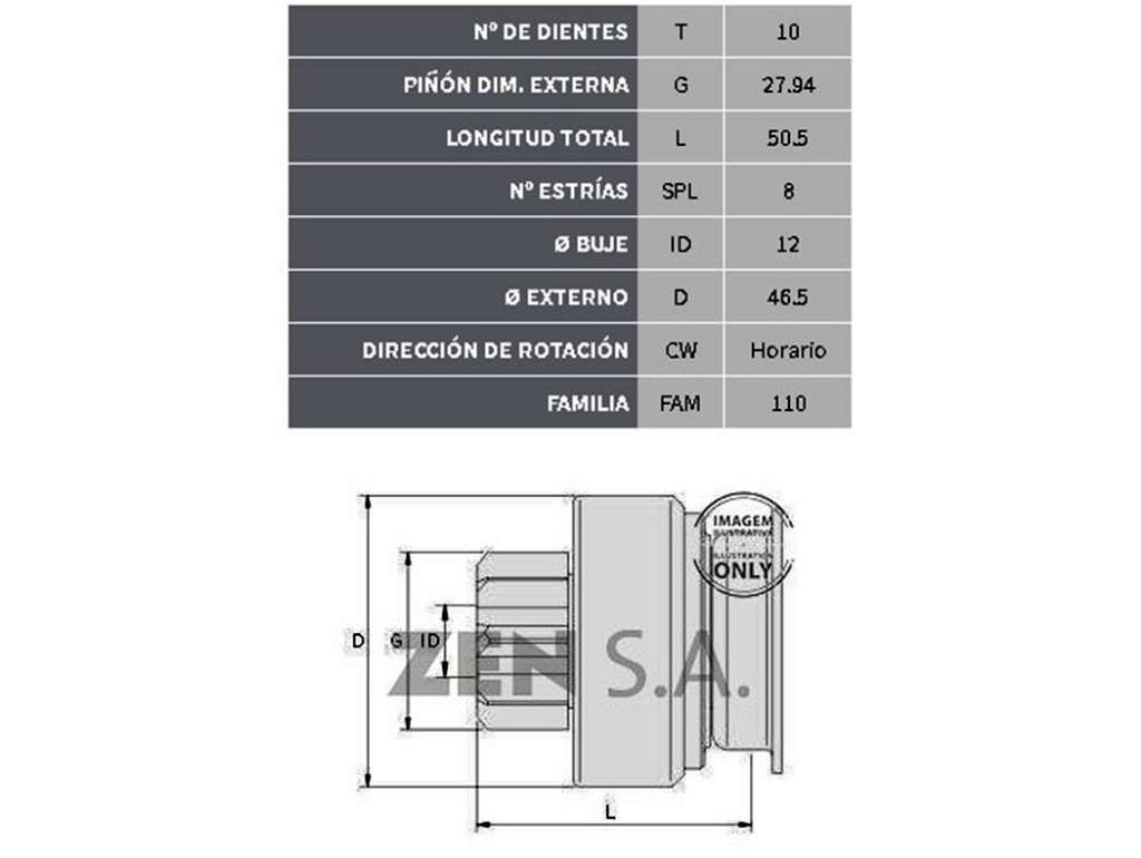 Impulsor de arranque de 10 dientes y 8 estrías