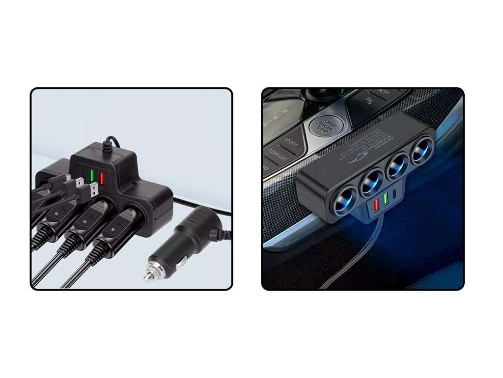 Adaptador divisor de encendedor de cigarrillos universal con 4 salidas y puertos USB/USB-C