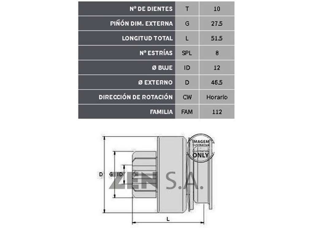 Impulsor de arranque Bendix de 10 dientes y 8 estrías