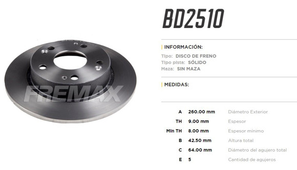 DISCO DE FRENO TRASERO HONDA CIVIC/COUPE CIVIC 1.8/2.0 2006-