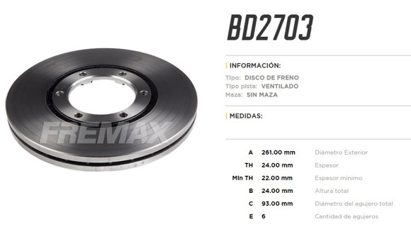 DISCO DE FRENO KIA BONGO K2700 4X4 2000- (VENTILADO)