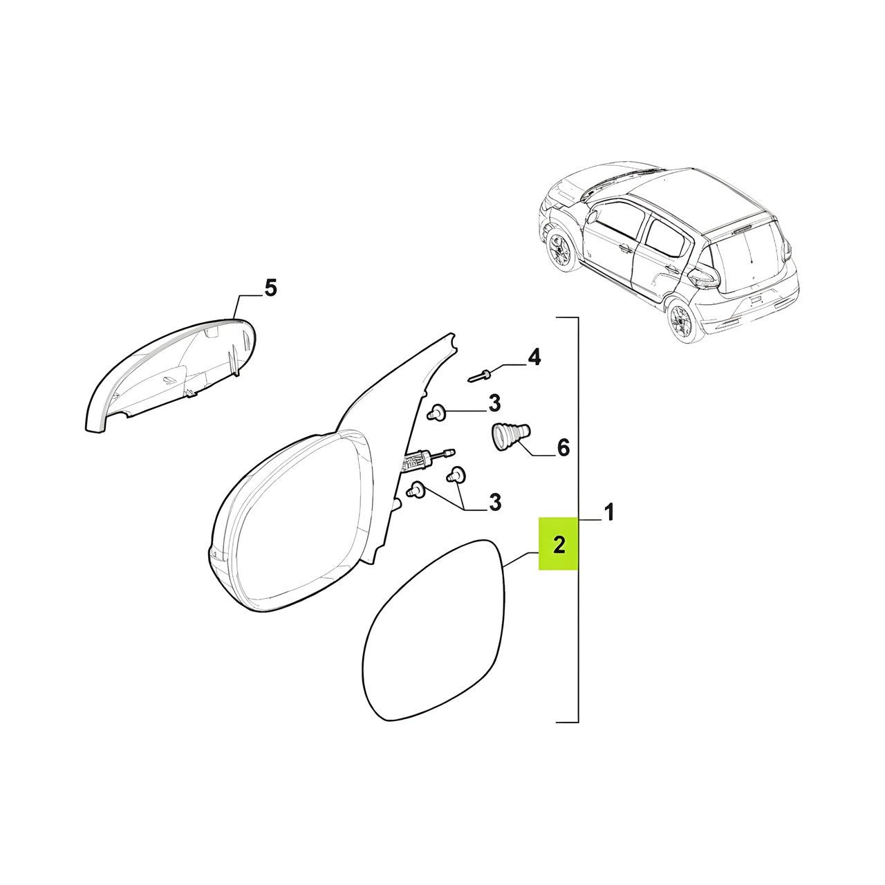 VIDRIO ESPEJO EXT. DER. MANDO MANUAL -ORIGINAL