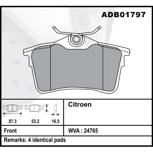 JGO. PASTILLAS FRENO PEUGEOT CITROEN GRAN BERLINGO PARTNER B9 2012...TRAS. 308 87X53X16MM (24765)