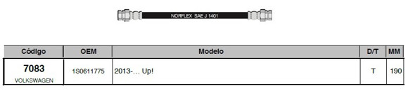 FLEXIBLE FRENO TRAS VOLKSWAGEN UP 2015 EN ADELANTE 190MM