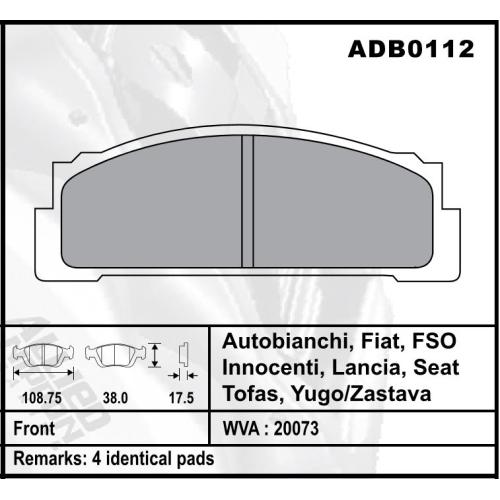 JGO. PASTILLAS FRENO FIAT 124 128 850  PANDA VIEJO SEAT RONDA RITMO POLONEZ 109X38X17MM