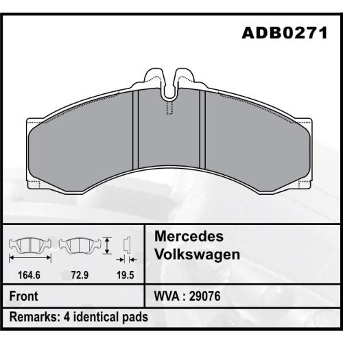 JGO. PASTILLAS FRENO MERCEDES BENZ SPRINTER 310 312 313 412 165X73X19MM