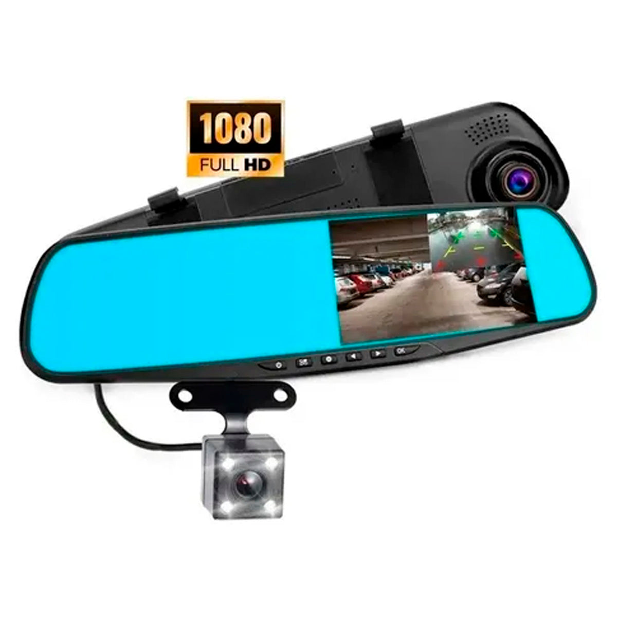 Espejo retrovisor con grabadora de video digital (DVR) y cámaras frontal y trasera