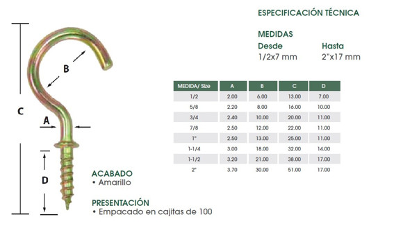 PITON TIPO GANCHO/ABIERTO 1.1/2" 3,2X21X38X17MM AMARILLO