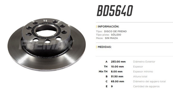 DISCO DE FRENO TRASERO VW VENTO 2.5 2011/AUDI A3 2003-2012