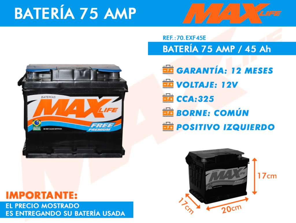 Batería automotriz de arranque con borne positivo izquierdo
