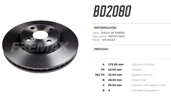 DISCO DE FRENO DELANTERO TOYOTA COROLLA 2.0TD 2003 (VENT.)