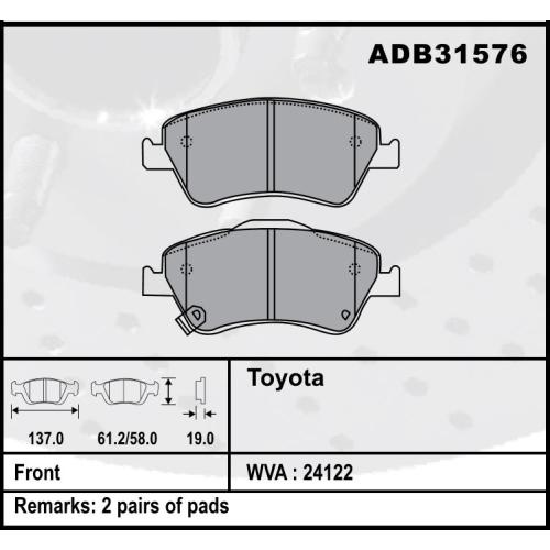 JGO. PASTILLAS FRENO TOYOTA COROLLA 2006... 1.8 20 Xli 137X61X19MM  (24122/24590/91)COMLINE