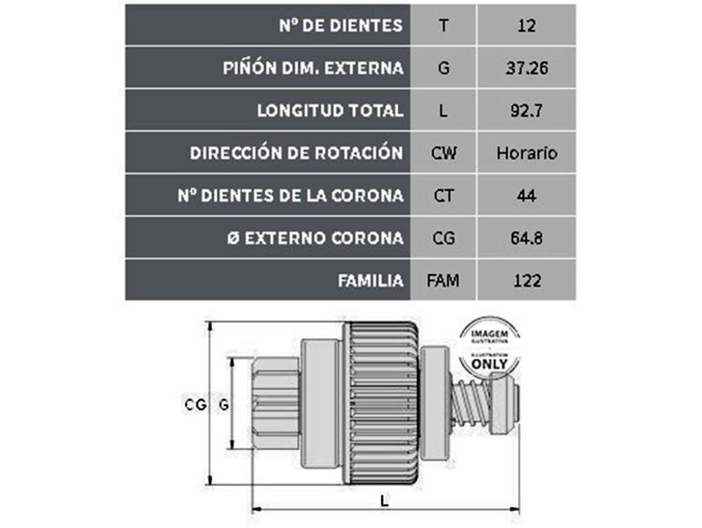 Impulsor de arranque (Bendix) de 12 dientes