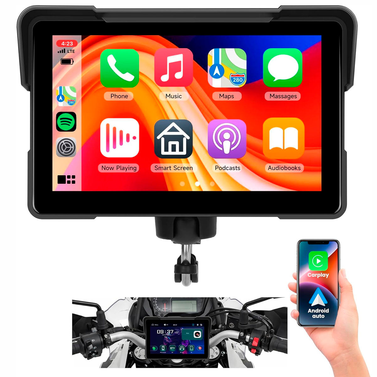 Pantalla 7” HD Moto con Soporte + CarPlay & Android Auto
