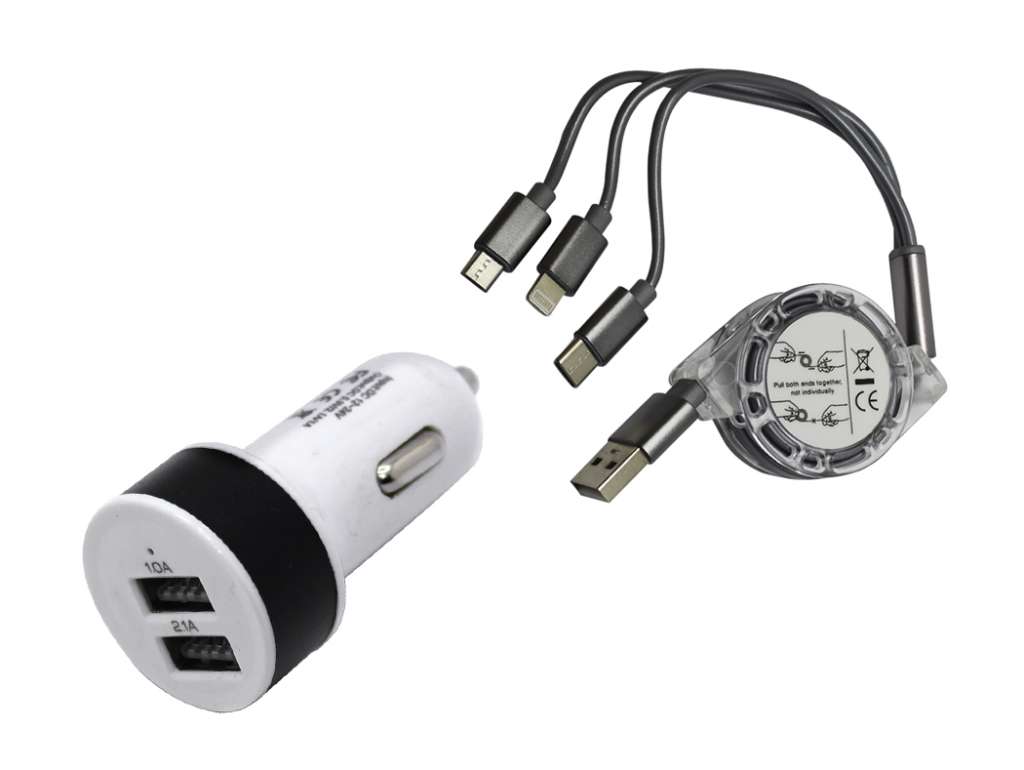ADAPTADOR CARGADOR PARA AUTO + CABLE TRIPLE SALIDA USB