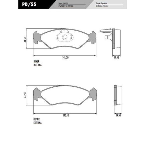 JGO. PASTILLAS FRENO FORD FIESTA 99...09 KA 97... SIST. ATE 141X44X16MM  LONAFLEX