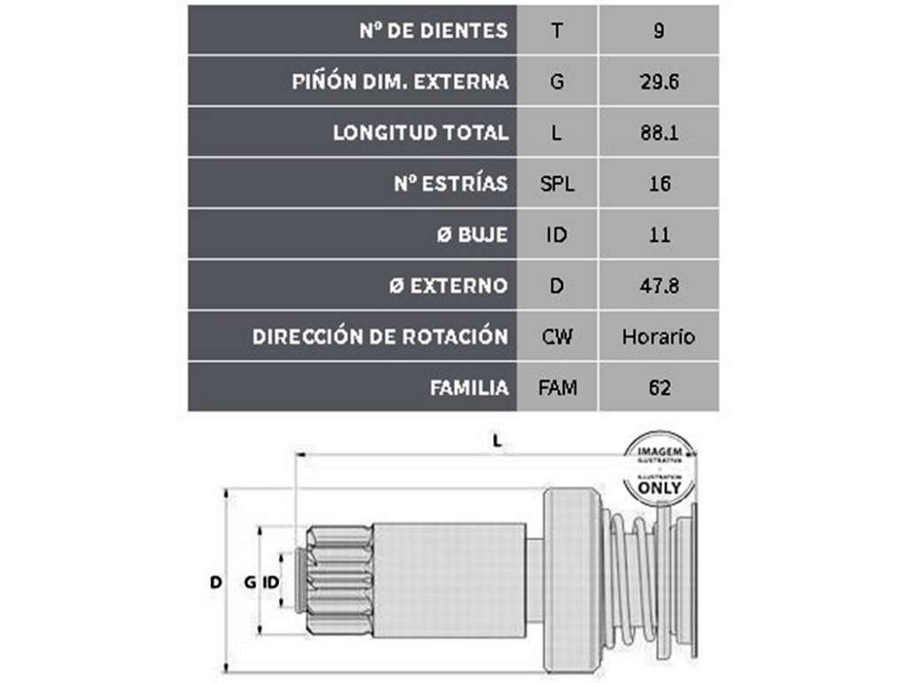 Impulsor de arranque de 9 dientes y 16 estrías
