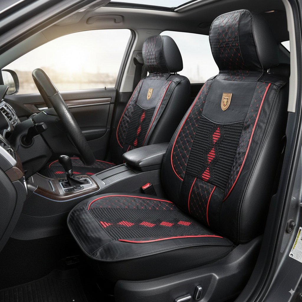 Juego Funda Cubreasientos para auto Eco Cuero Negro/Rojo Lumbar