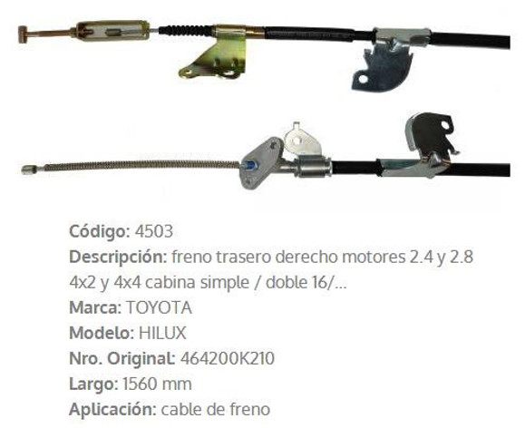 CABLE DE FRENO TRASERO DERECHO TOYOTA HILUX 2016 1560MM