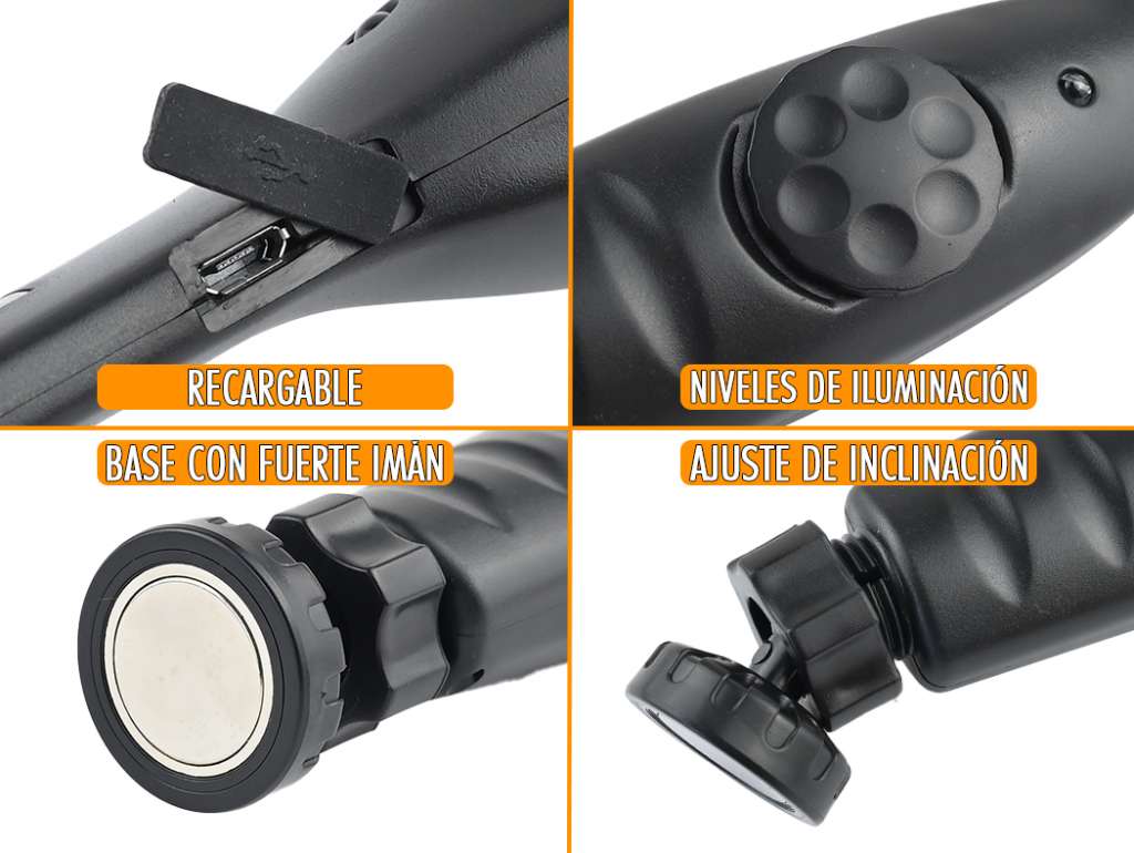 Lámpara portátil universal LED recargable con imán, color negro