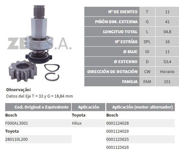 BENDIX DE ARRANQUE TOYOTA HILUX 2.8 4X4 2018 (ZEN)
