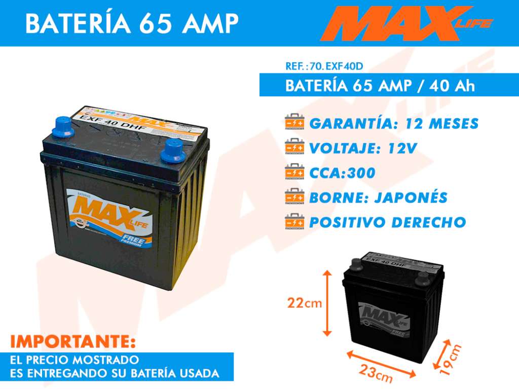 BATERIA MAX 40/65 190X120X220 JAPONESES DER. S/PESTAÑA