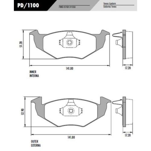 JGO. PASTILLAS FRENO VW GOL SAVEIRO 2009...2020 (4 = BASE CORTA 141.50MM) SIST. TEVES SIMILAR A